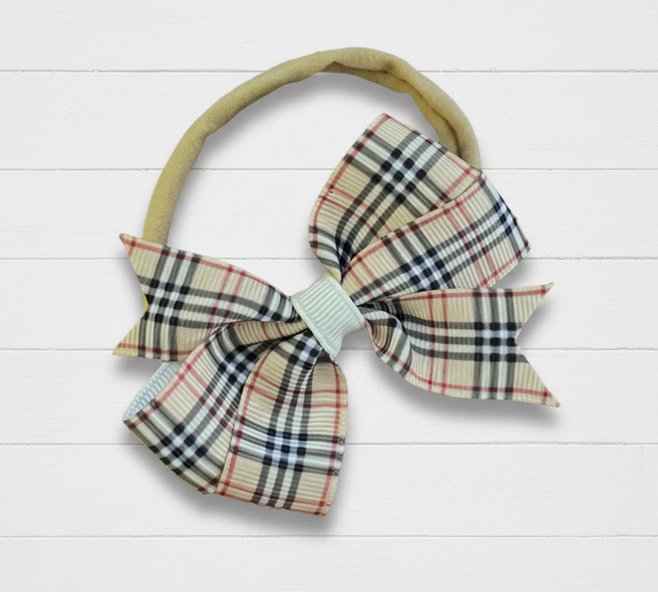 Tan Plaid Hair Bow on Nylon Headband, girl, holiday, tartan, stretch, preppy