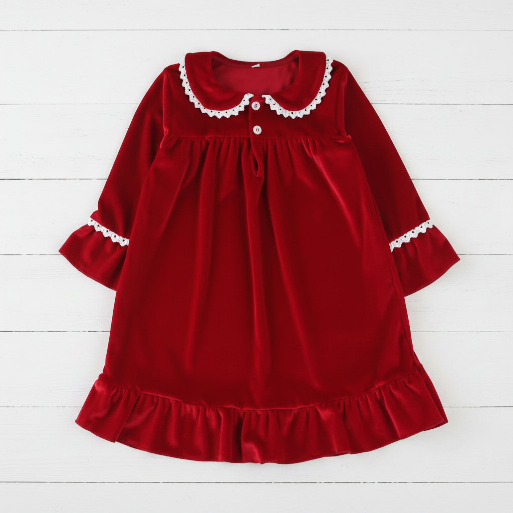 Ruby Red Stretch Velvet Night Gown, girl, Sleeper, holiday, gift, pajamas / SALE