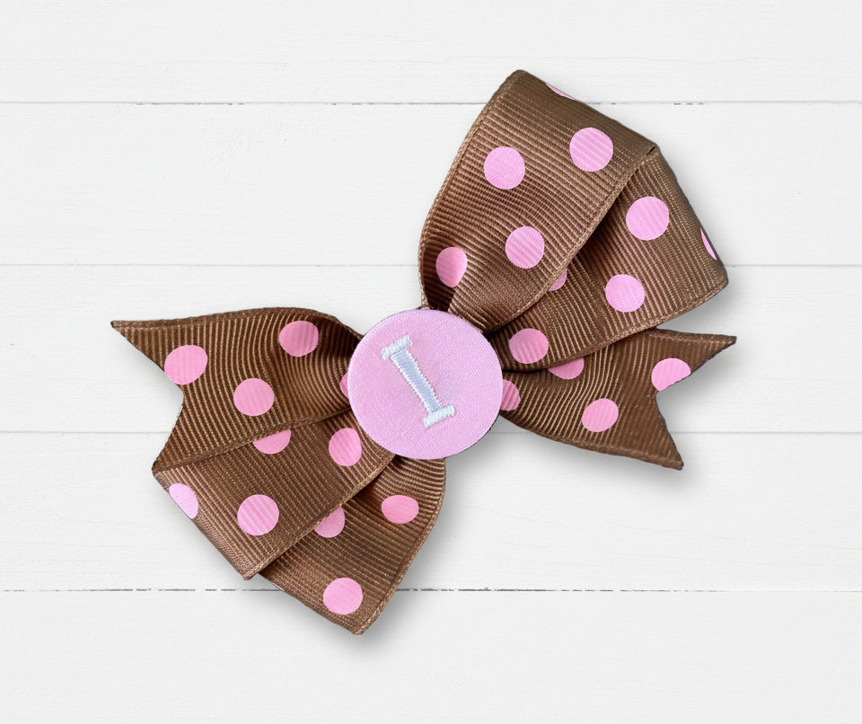 Brown/Pink Small Polka Dot Initial Hair Bows, Clip, Personalized, pinwheel