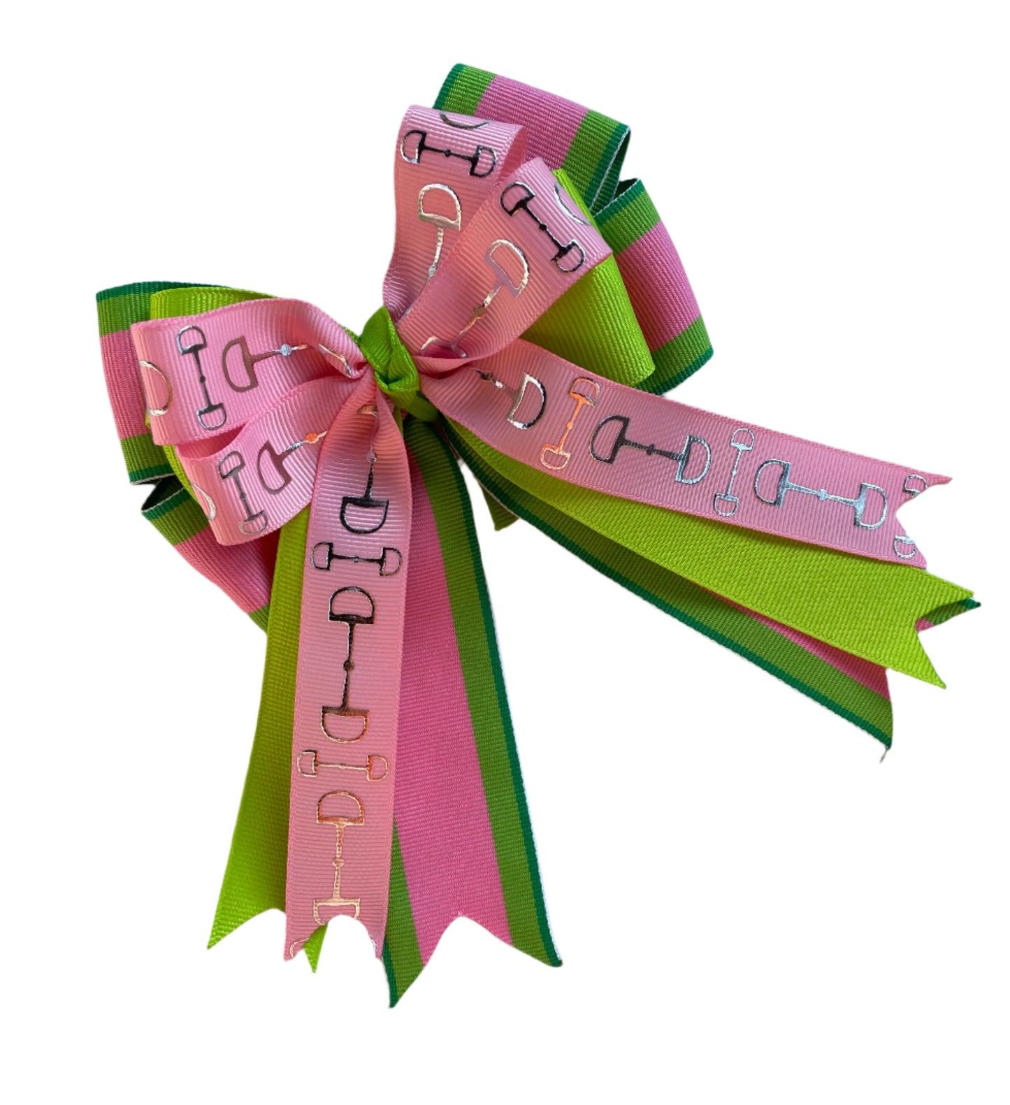 Equestrian Hair Bow, Tails, Horse Show, Bright Green, Pink Striped