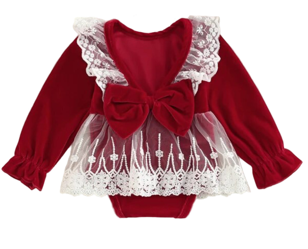 Red Velour & Lace Romper, baby, girl, holiday, gift, holiday, Christmas