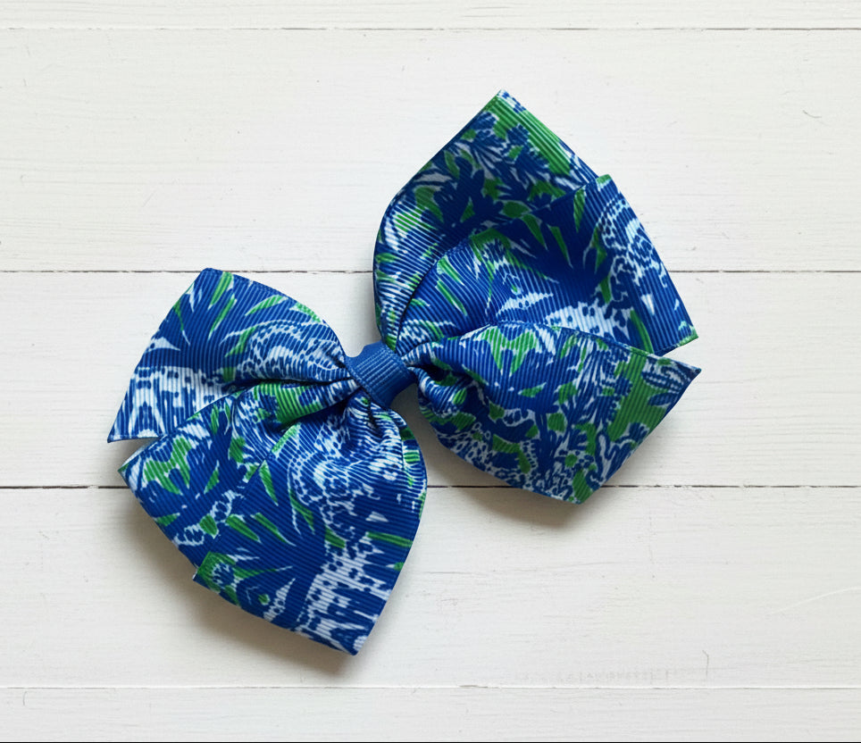 Blue & Green Coral Preppy Hair Bow, Big Fan