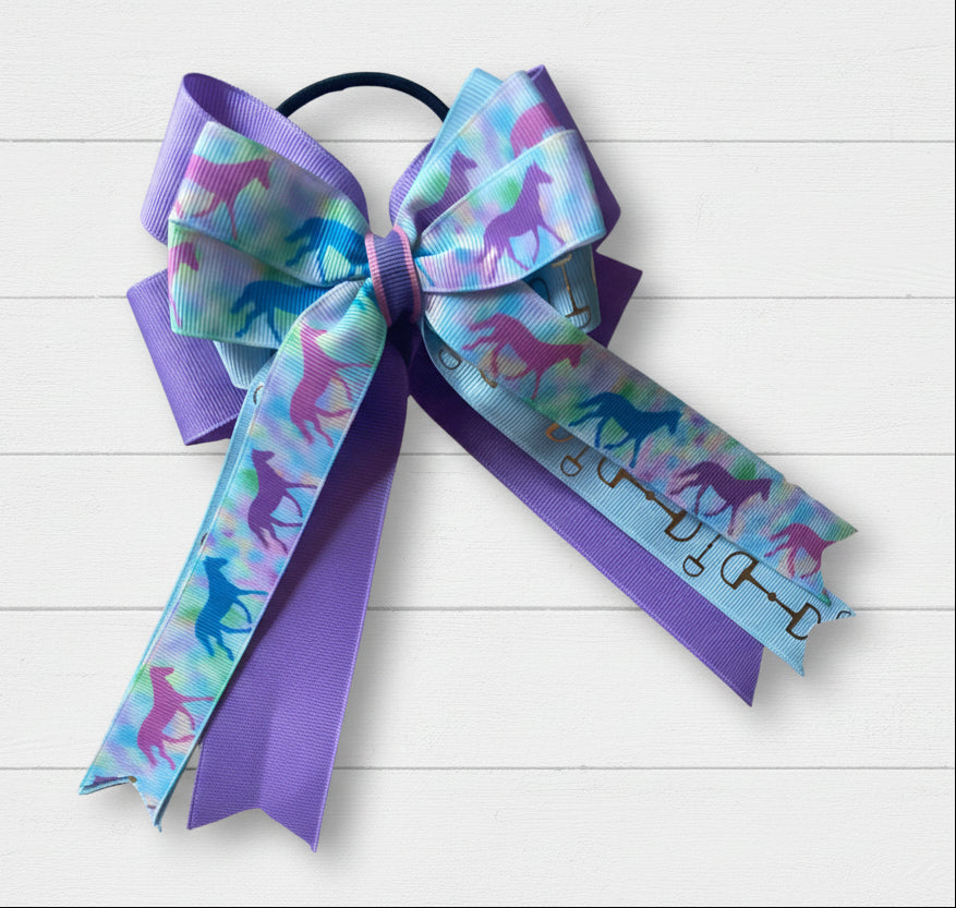 Equestrian Hair Bow, Tails, Horse Show, Purple, Blue