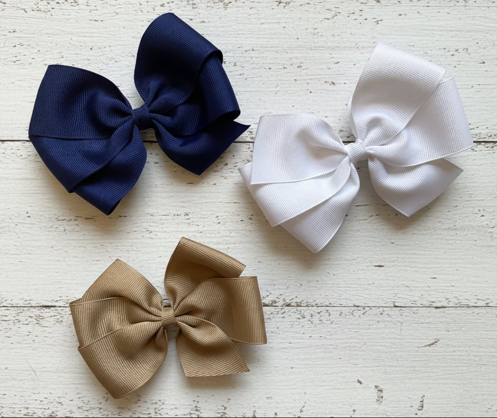Back to School Hair Bows, Blue, White, Khaki, Tan, Girl, clip