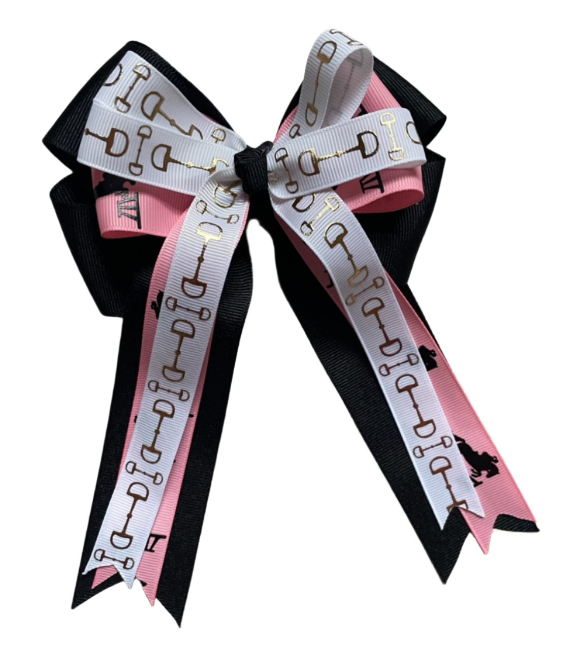 Equestrian Hair Bow, Tails, Horse Show, Black, Pink & White