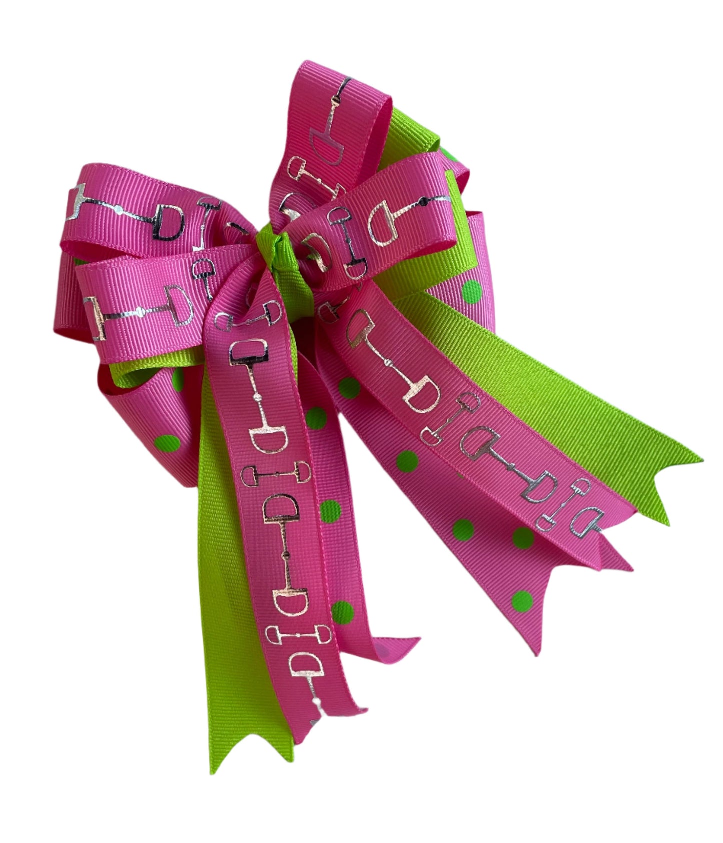 Equestrian Hair Bow, Tails, Horse Show, Bright Green, Pink Polka Dot