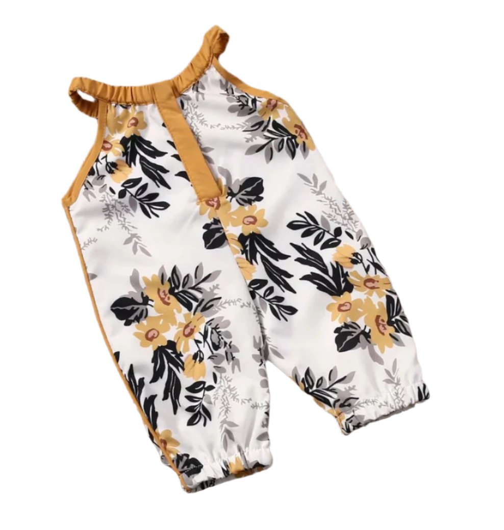 Gold & Green Floral Romper, girl, baby, Ruffle Collar, Infant - SALE