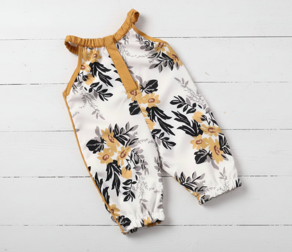 Gold & Green Floral Romper, girl, baby, Ruffle Collar, Infant