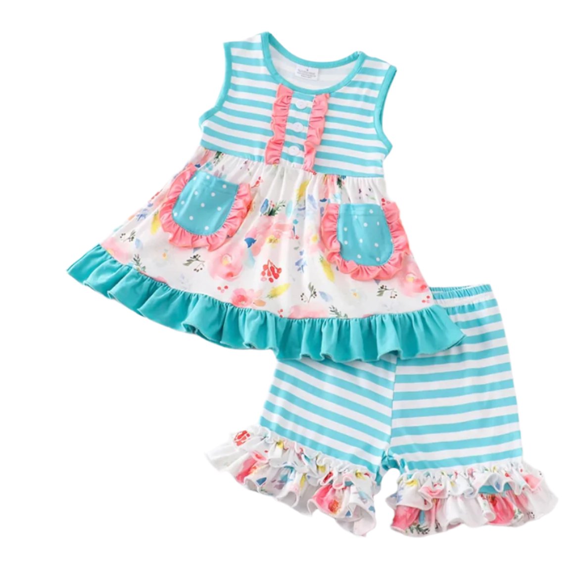 Aqua Blue Flower Ruffle Short Set, girls, kids, clothing