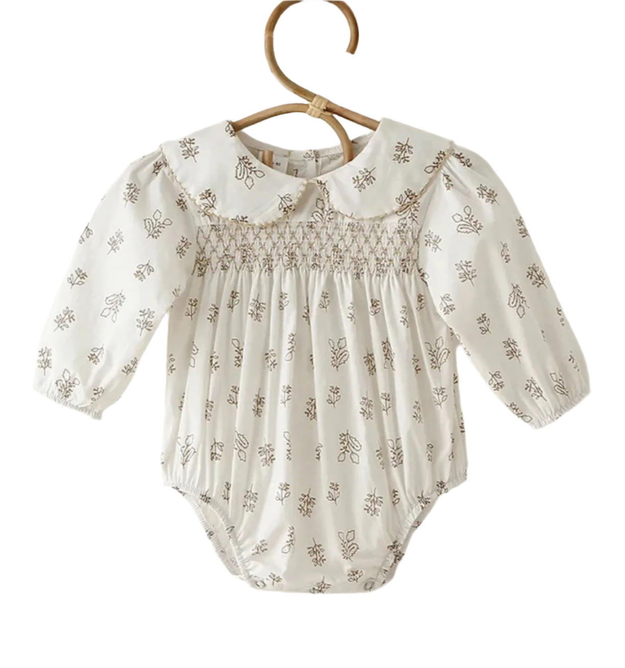 Khaki & Cream Smocked Long Sleeve Romper, Infant, girl, baby, toddler
