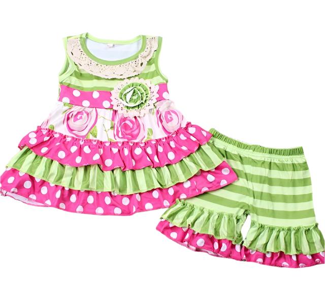 Pink & Green Striped Ruffle Short Set, Boutique, girl, roses