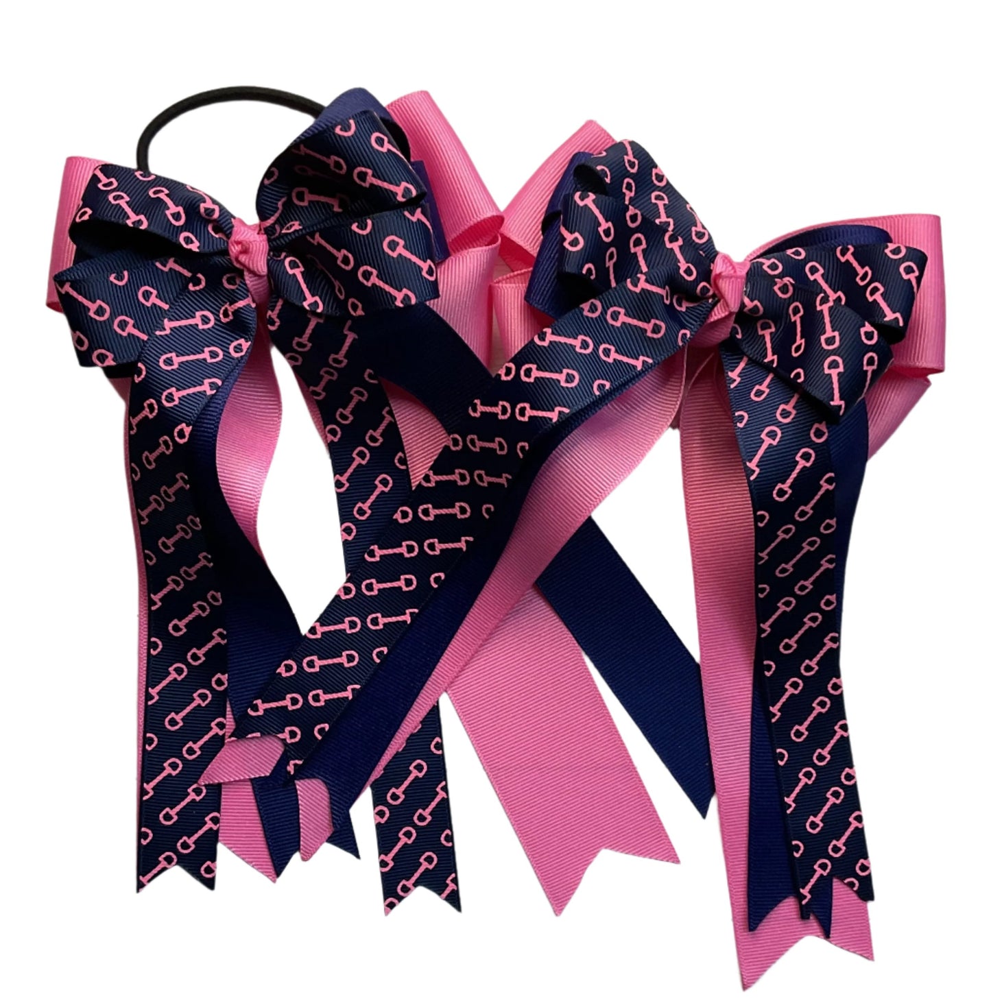 Equestrian Hair Bow, Tails, Horse Show, Navy Blue, Pink