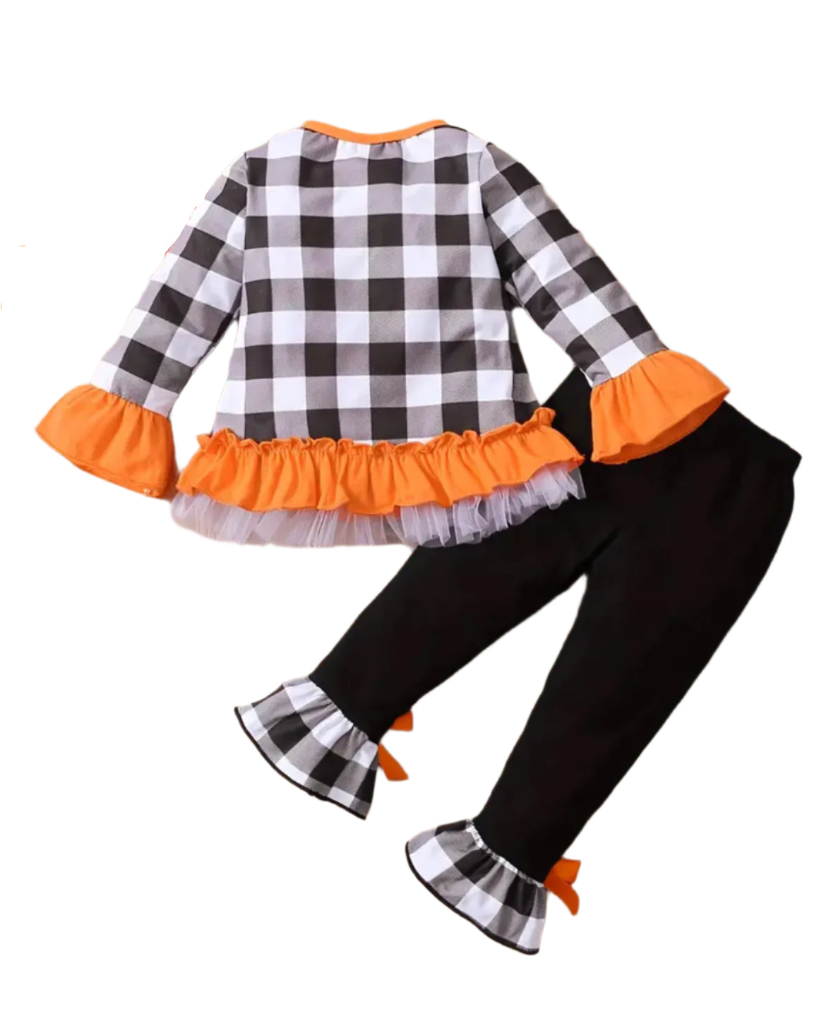 Pumpkin Plaid Girl's Ruffle Pant Set, Outfit, kids, Halloween, clothing