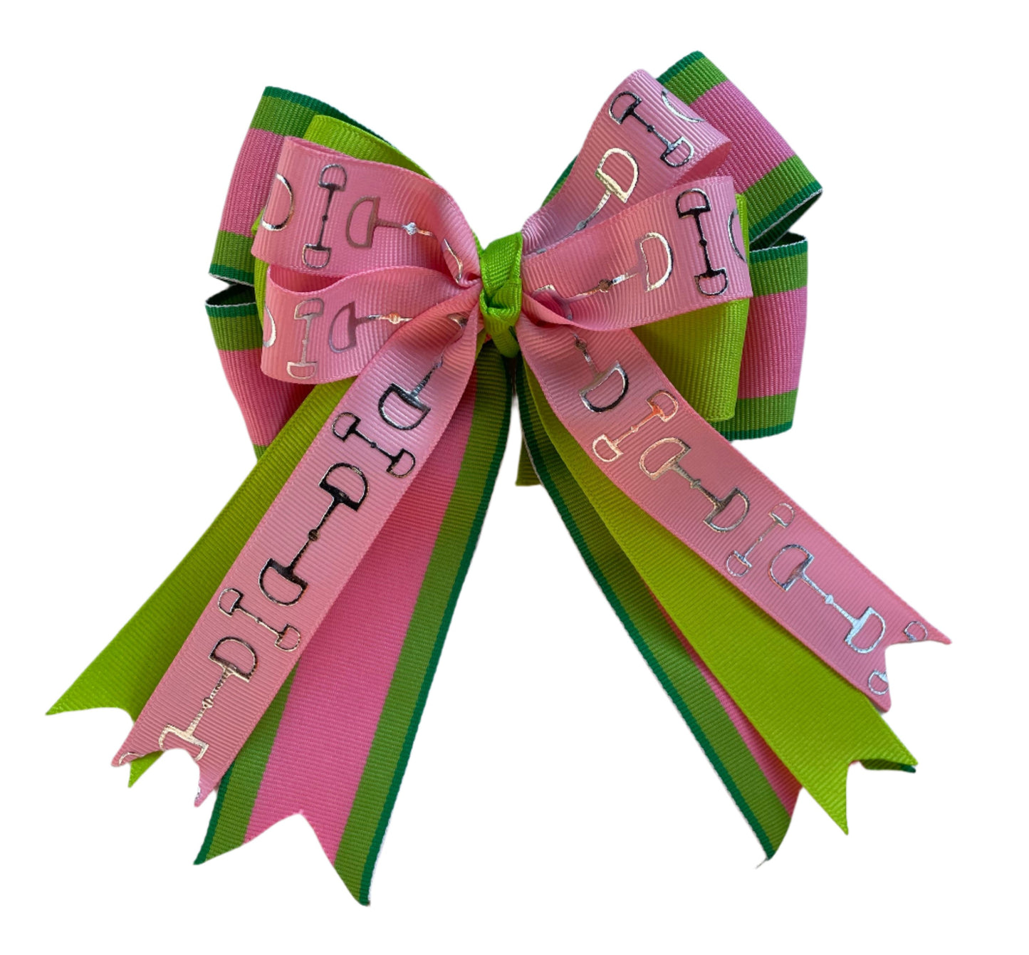 Equestrian Hair Bow, Tails, Horse Show, Bright Green, Pink Striped