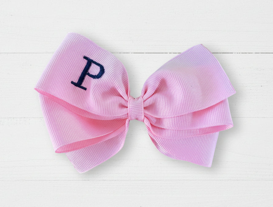 Pink Monogrammed Hair Bow w/Navy Blue Initial, Personalized