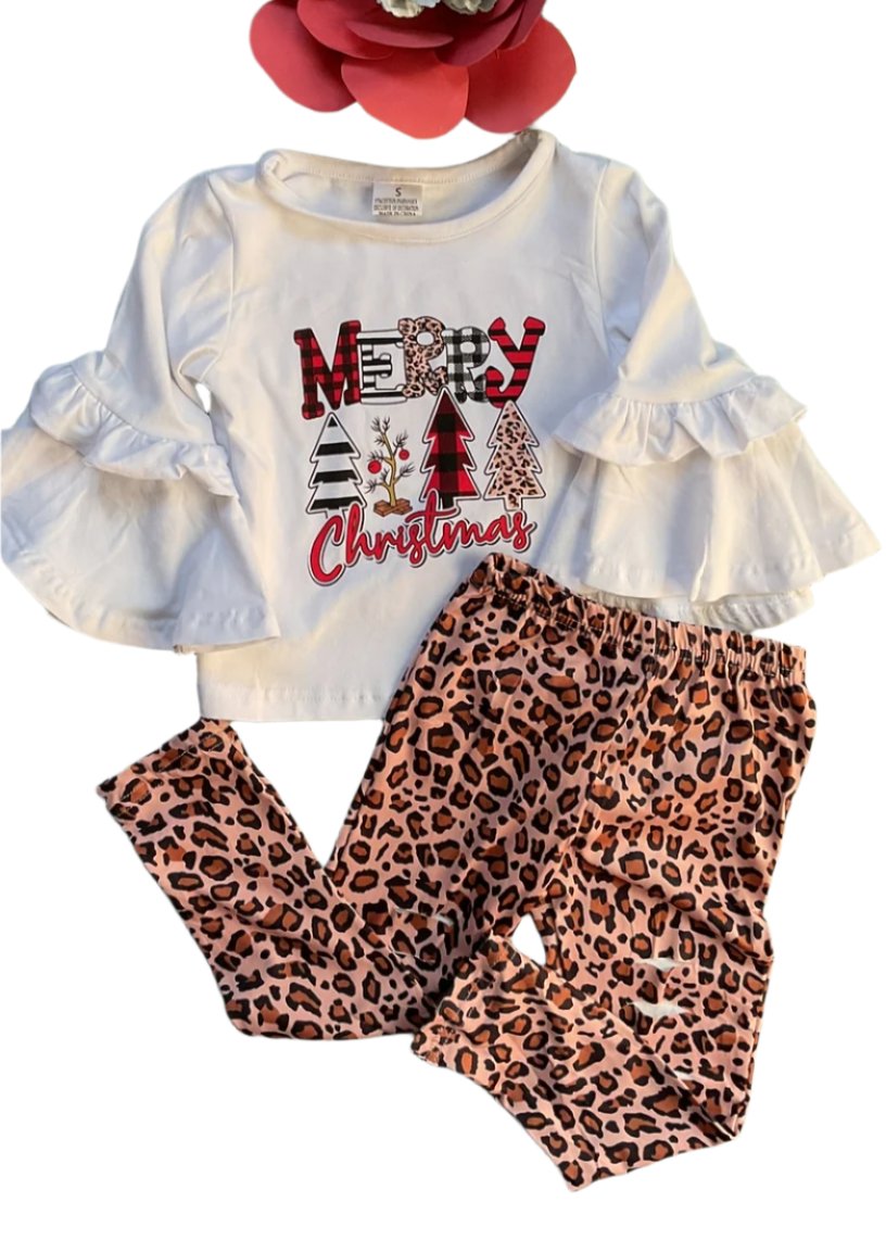 Merry Christmas Animal Print Ruffle Outfit, girls, set, toddler
