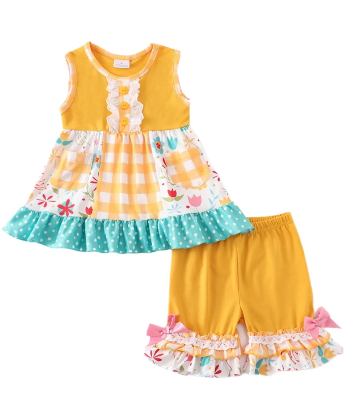 Yellow Floral & Check Boutique Ruffle Short Set, Girl's, Toddler