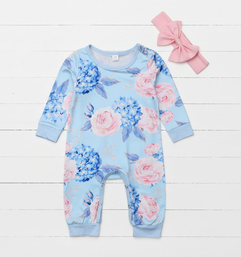 Blue Romper w/Pink & Blue Flowers & Headband, Baby, Infant