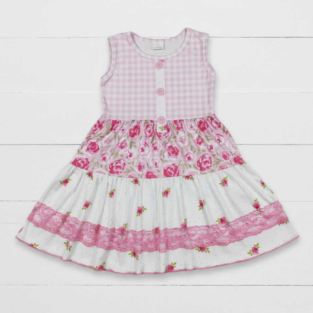 Pink Shabby Rose Girls Twirl Dress, Milk Silk