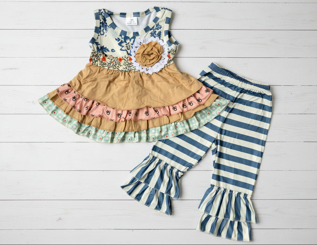 Boutique Ruffle Gold & Teal Outfit, girl, set, kids / SALE