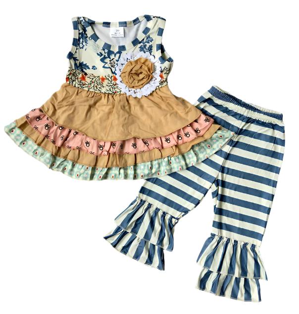 Boutique Ruffle Gold & Teal Outfit, girl, set, kids, Spring