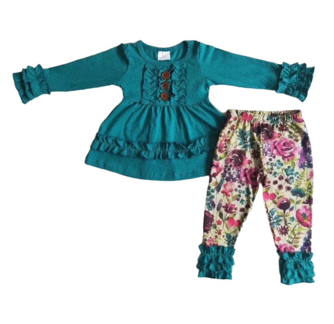 Turquoise Blue Floral Ruffle Outfit, girl's, Set, kids, clothing