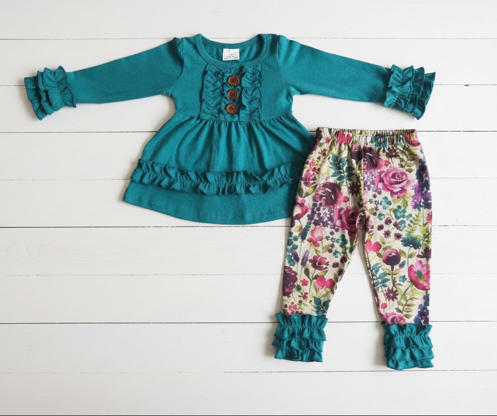 Turquoise Blue Floral Ruffle Outfit, girl's, Set, kids, clothing