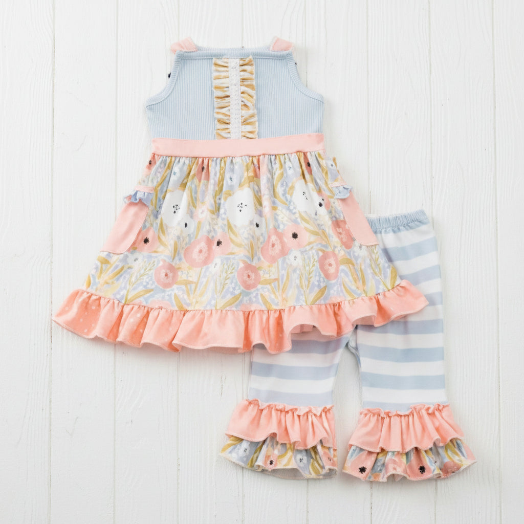 Peach & Gray Flower Capri Set, Milk Silk, Girl's, Toddler, outfit