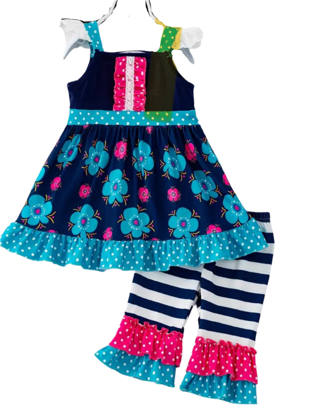 Flower & Striped Blue Capri Set, Milk Silk, Girl's, Toddler, outfit