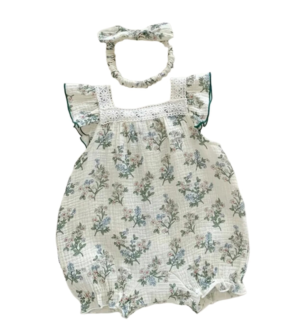 Green Flower & Lace Romper, Infant, shower, girl, baby, kids - SALE