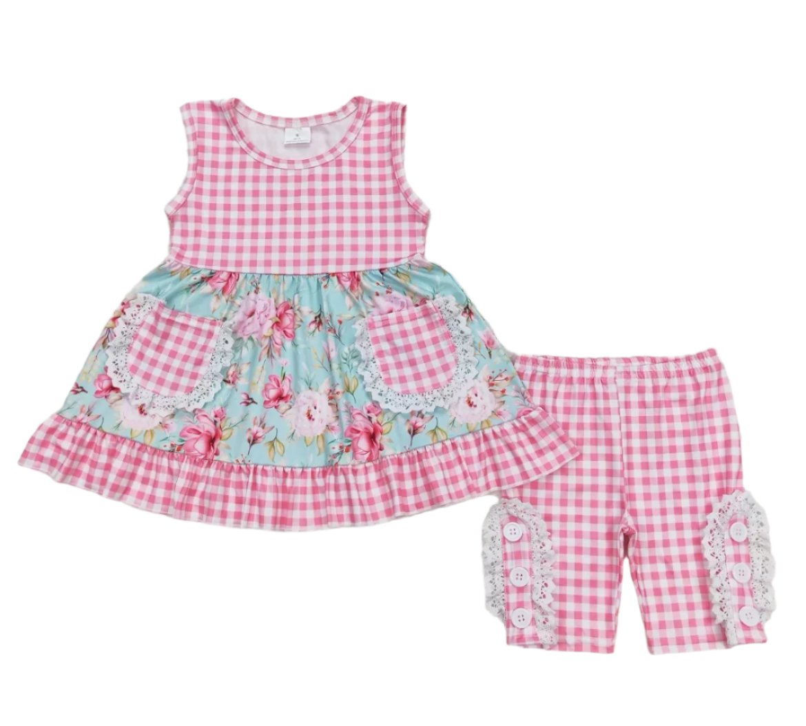 Gingham Shabby Chic Short Set, girl's, Pink, outfit, Milk Silk