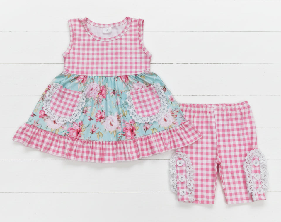 Gingham Shabby Chic Short Set, girl's, Pink, outfit, Milk Silk