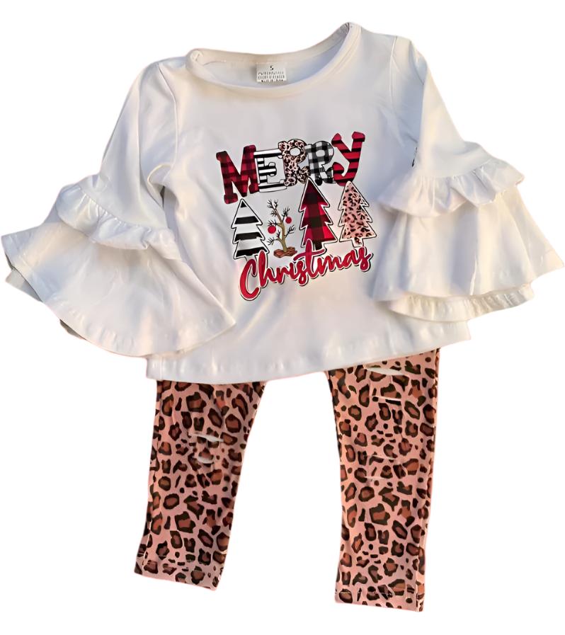 Merry Christmas Animal Print Ruffle Outfit, girls, set, toddler