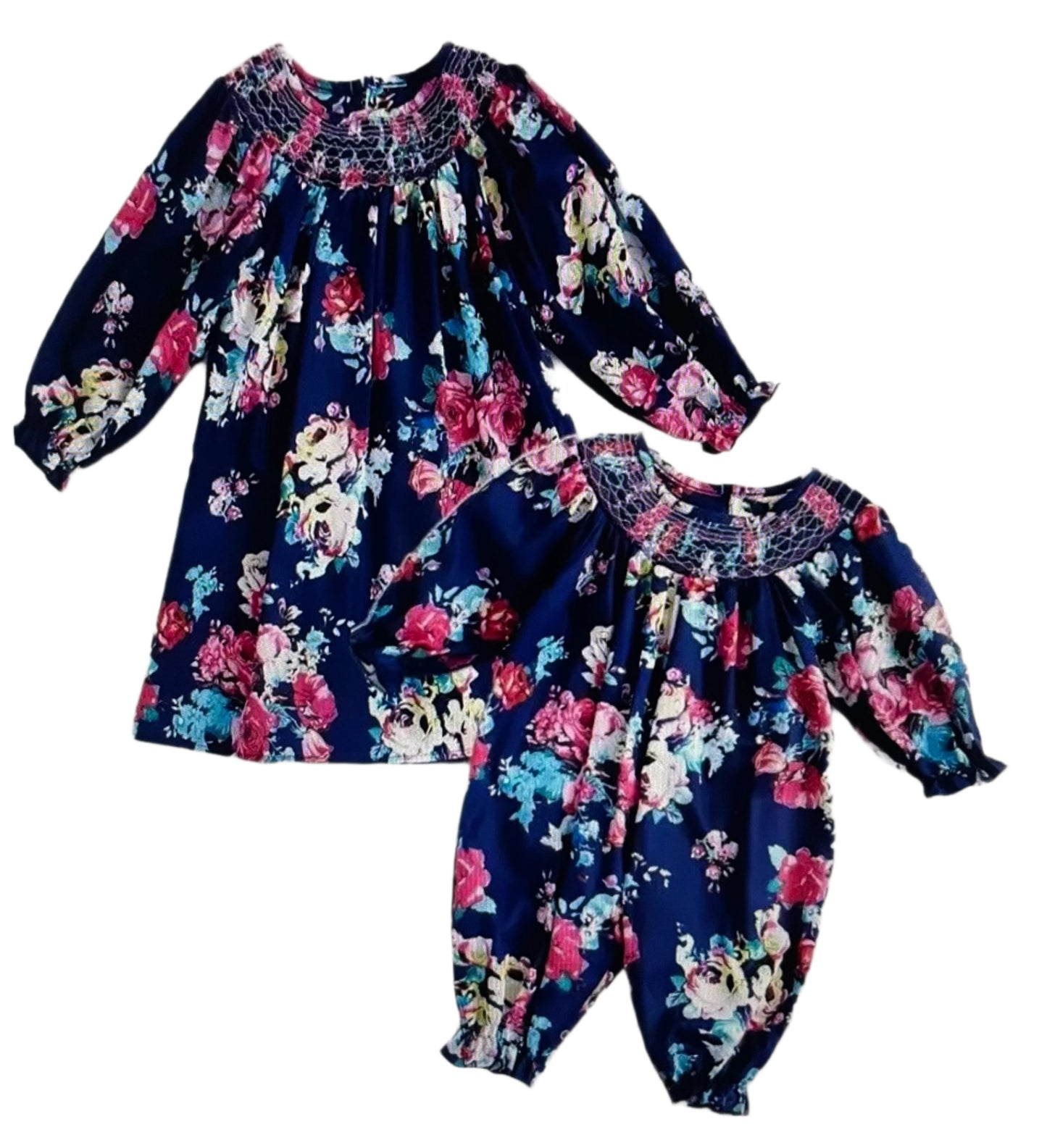 Blue Smocked Floral Girls Dress or Romper, Toddler, Sister Set