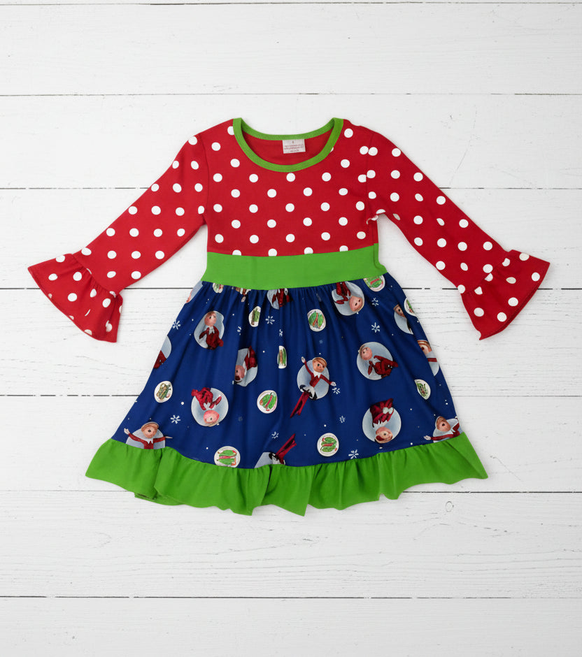 Polka Dot Elf Ruffle Dress, Milk Silk, holiday, girl / SALE