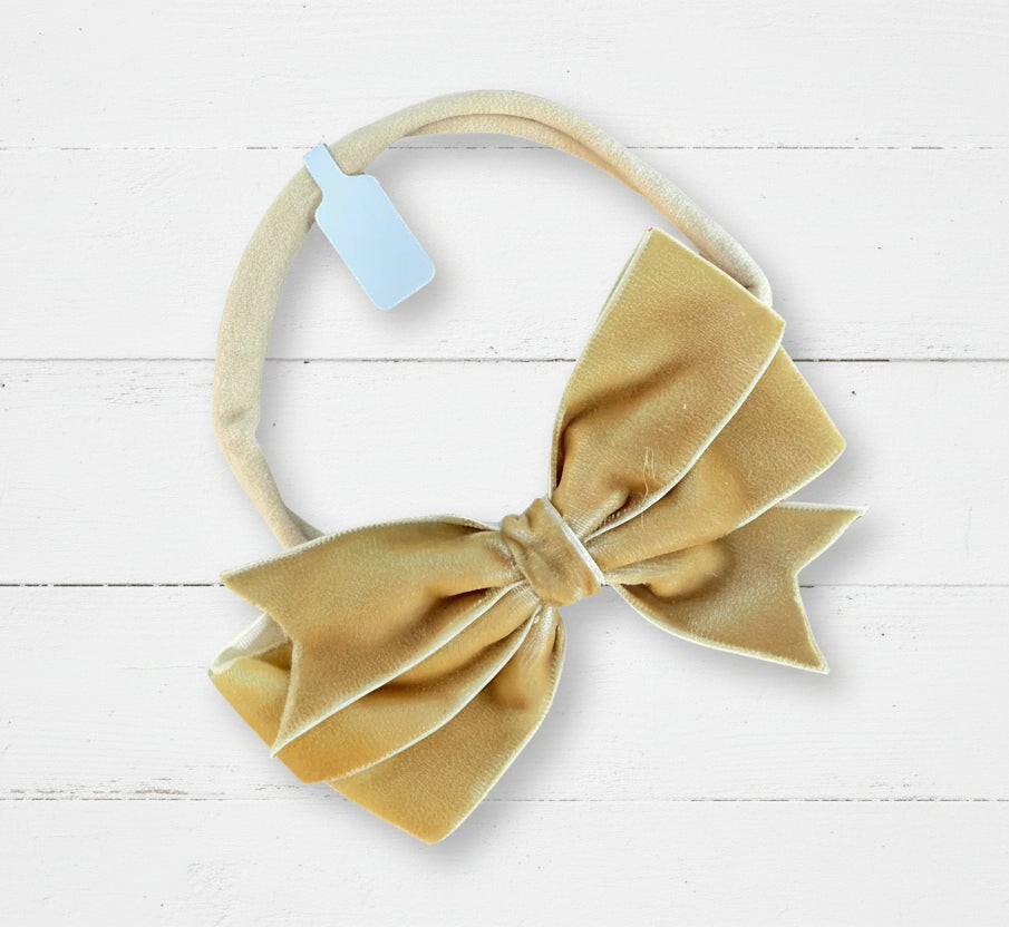 Antique Gold Velvet Hair Bow on Nylon Headband, girl, holiday, wedding, stretch