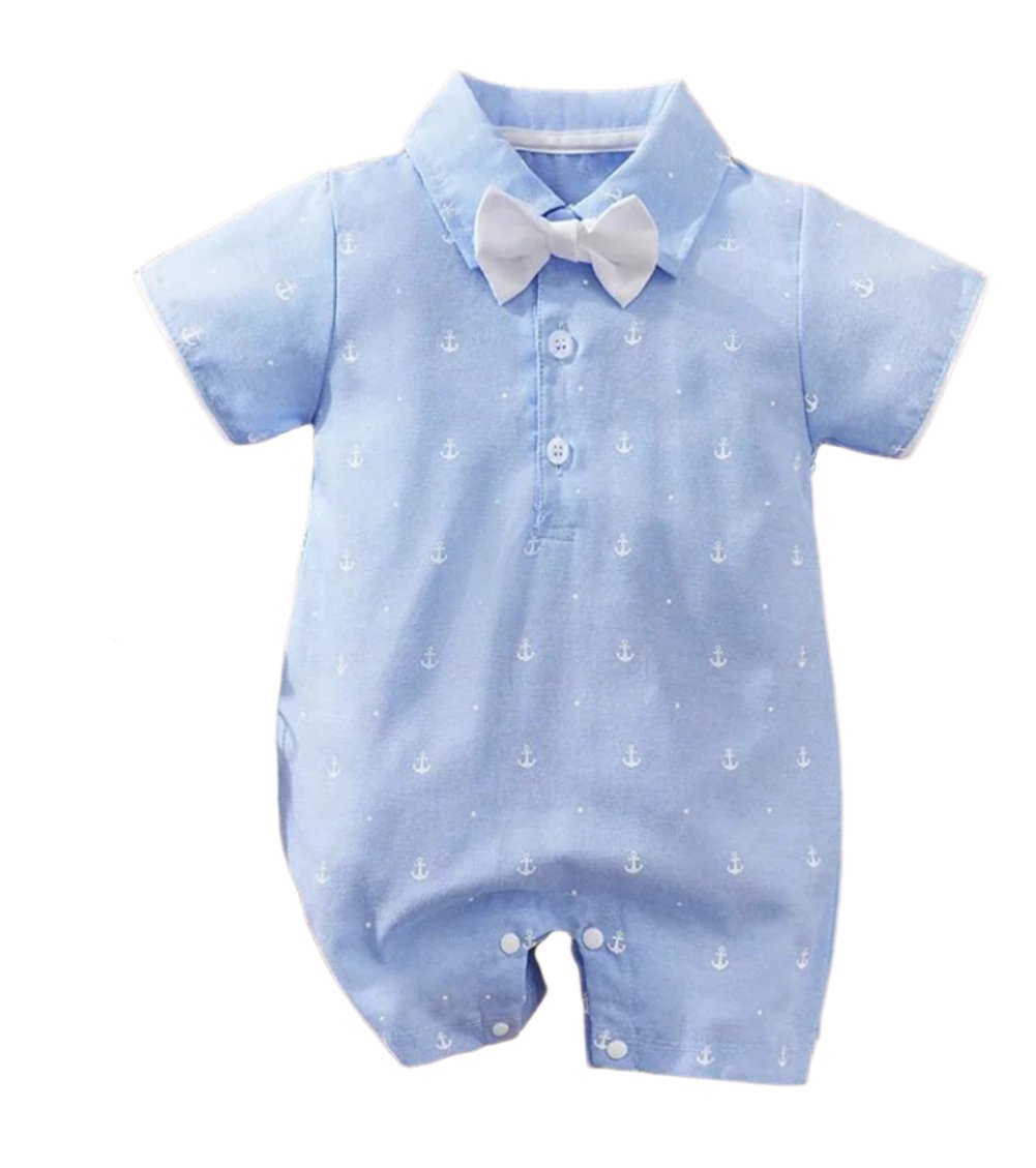 Light Blue Embroidered Anchor Romper w/Bow Tie, baby, boy, kids, nautical