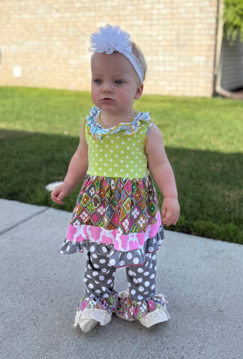 Geometric Ruffle Outfit, girl, clothing, kids, set, tunic, polka dots, toddler