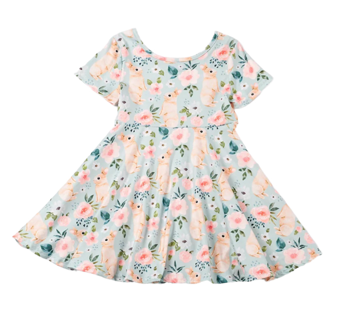 Bunny & Flowers Twirl Dress, Milk Silk, Easter, Spring, girls, twirl, kids - SALE