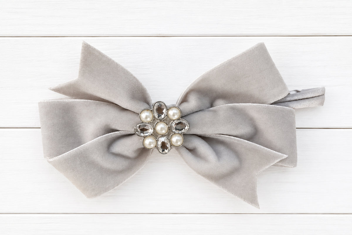 Silver Velvet Hair Bow on Headband, girl, holiday, stretch, winter, New Year's