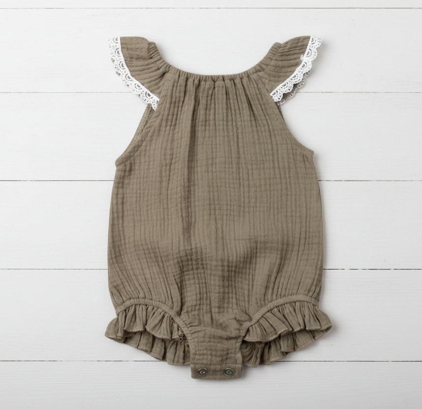 Mustard or Khaki Muslin Romper, Infant, Toddler, baby, girl