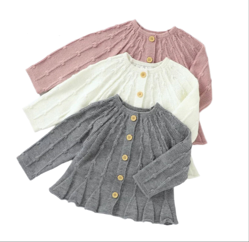 Knit Cardigan Sweater, girl, 3 Colors, Pink, Gray, Cream, infant, toddler, baby