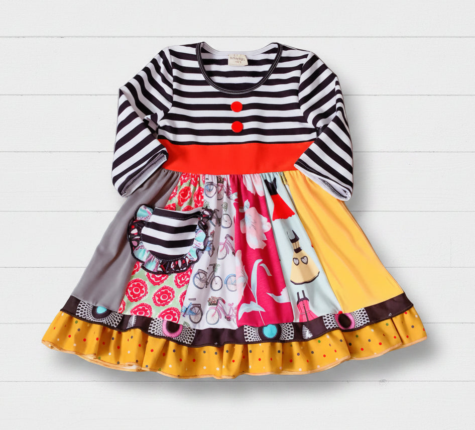 Striped Patchwork Twirl Dress, Girl's, kids, apparel