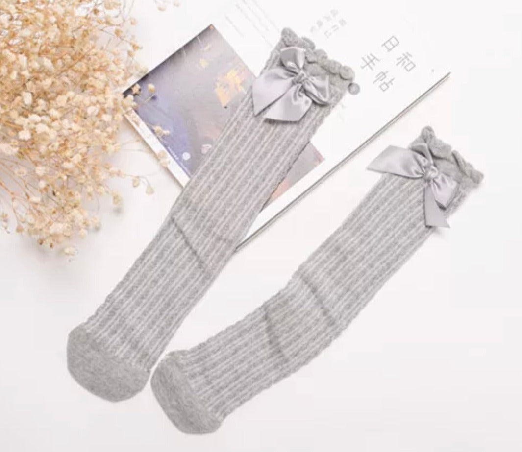 Gray Ribbed Knee Socks with Bow, Kids, girl, school, holiday