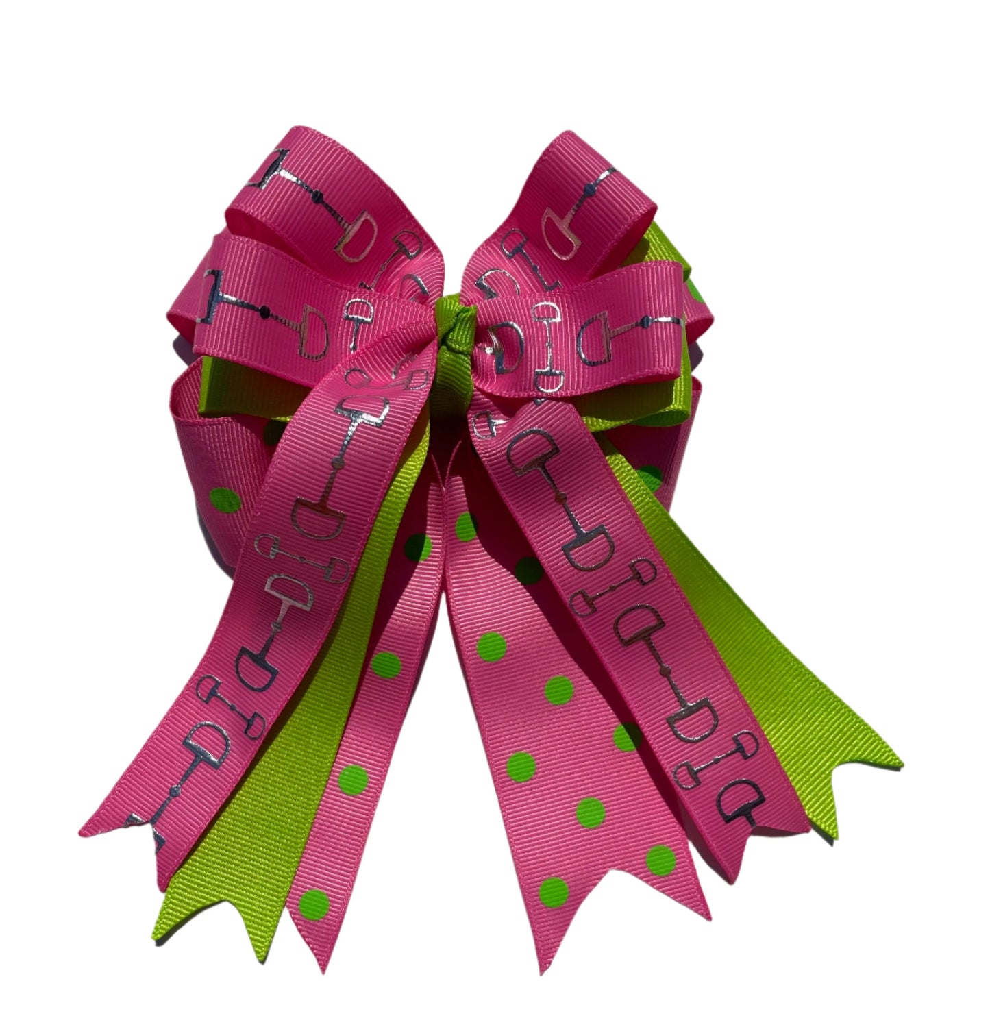 Equestrian Hair Bow, Tails, Horse Show, Bright Green, Pink Polka Dot
