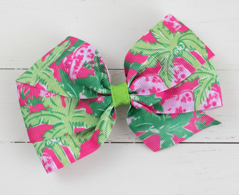 Elephant & Palm Tree Print Hair Bow, girl, clip, preppy, taboo