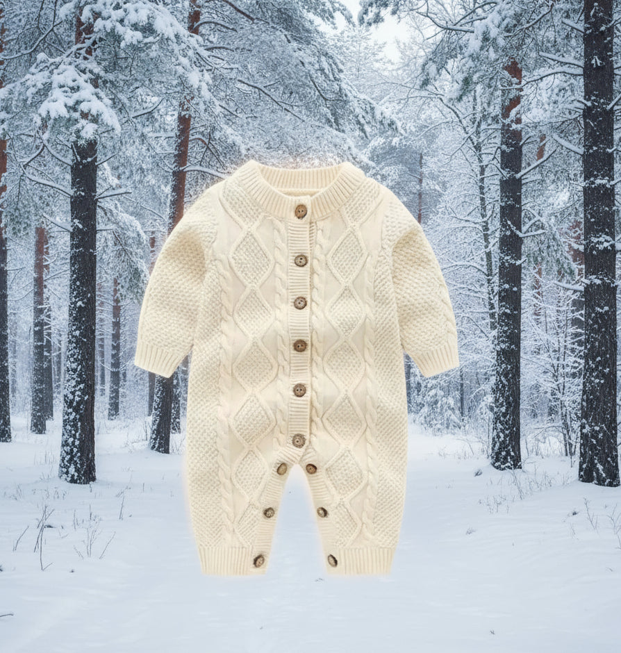 Knit Unisex Cream Cable Romper, Baby, Infant, unisex, Winter