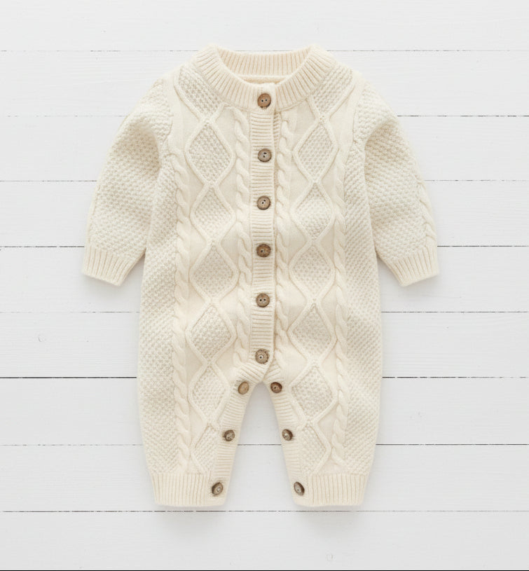 Knit Unisex Cream Cable Romper, Baby, Infant, unisex, Winter / SALE