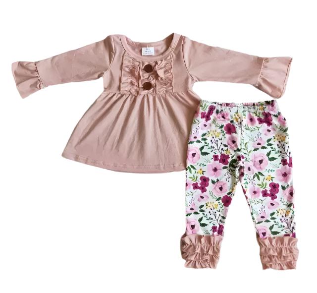 Pink Floral Ruffle Outfit, girl's, Set, Back to School, leggings