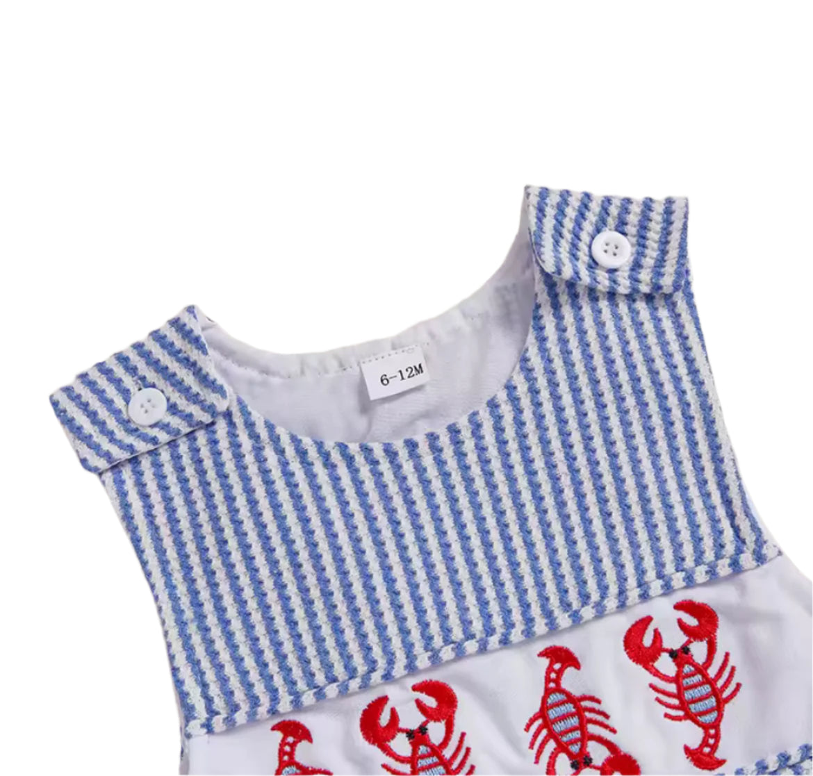 Lobster Pinstripe Romper, infant, clothing, boy, embroidered, blue, kids